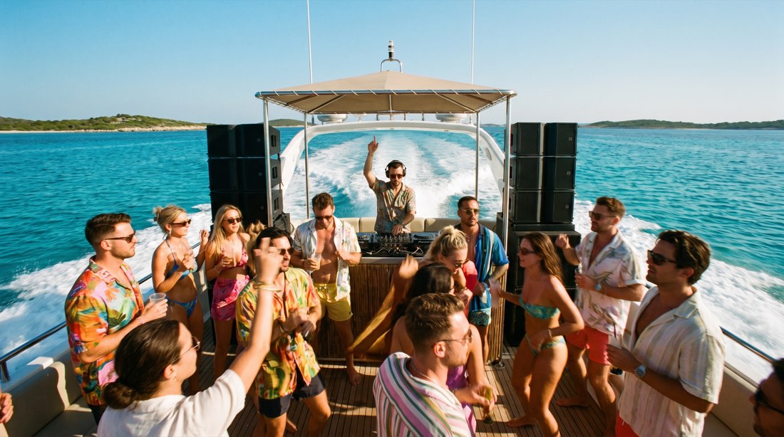 A DJ playing under a canopy on the back deck of a yacht between stacked speakers, a crowd dancing around him, turquoise open water and the boat's wake behind