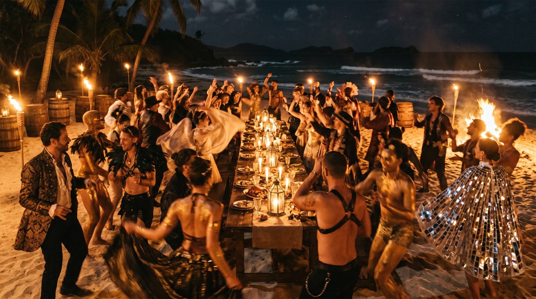 A costumed crowd dancing around a long candlelit table on night sand, brocade coats, leather harnesses, feathers, gold body paint and a mirrored cape, torches and a bonfire behind