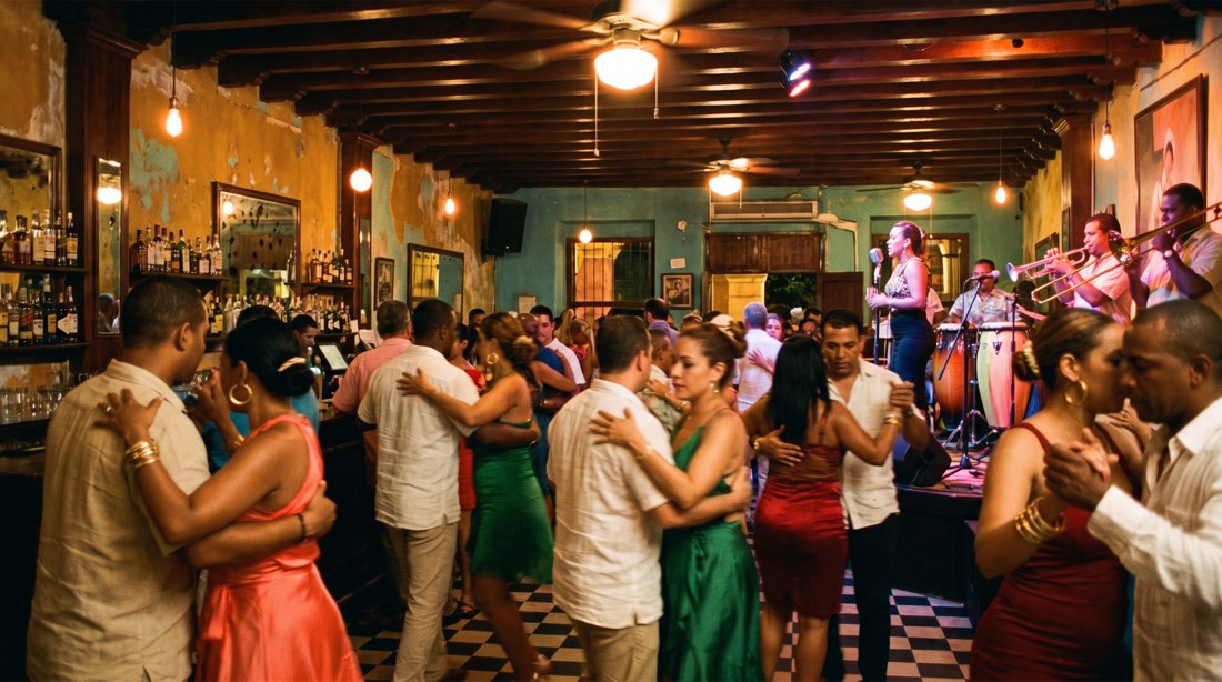 Inside an old Havana style salsa bar in Cartagena, couples dancing close on a checkerboard tile floor in satin dresses, rum bottles along the bar, a live brass and conga band playing at the back